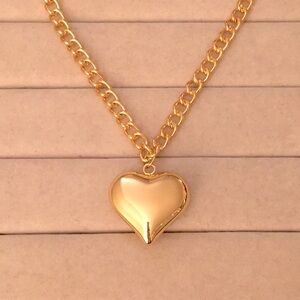 Gold Puff Heart Chunky Chain Drop Statement Necklace